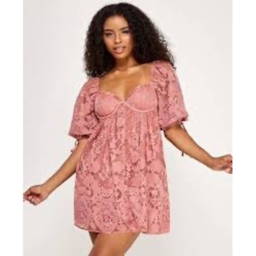 Seni & Cade JrsPink Lace Puff Sleeve Mini Dress Bustier Babydoll Open Back Small